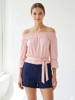 Studio 1000 Off-Shoulder Romper – Size S | Smocked Pink Top & Navy Shorts |